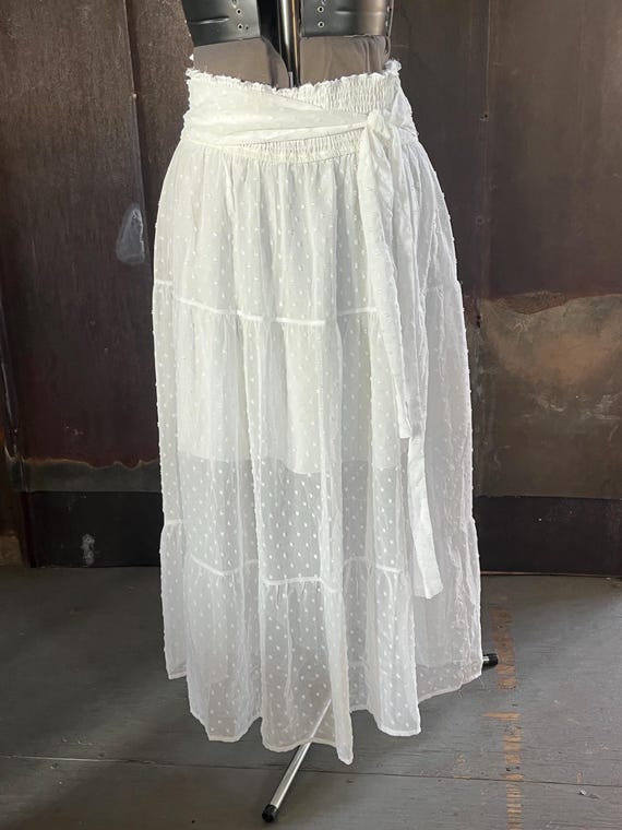 Boho White Maxi Skirt Festival Women's L XL Swiss Dot Sheer Lace