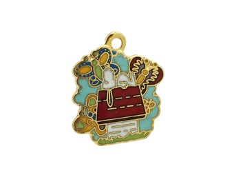 Vintage Aviva 1970's Snoopy Cloisonne Charm Doghouse and Butterflies