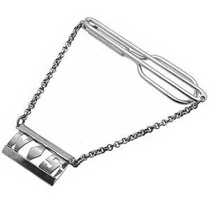 May include: Silver tie clip with a chain and a rectangular pendant that says "WIFE" in a stylized font.