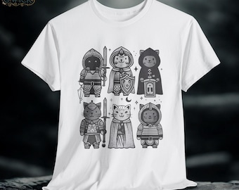 Medieval Cats Graphic Tee: Hand-Drawn Mystical Feline Shirt