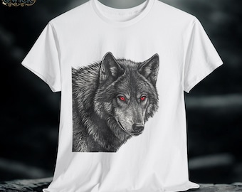 Camiseta con gráfico de lobo gótico: Camiseta de fantasía con ojos rojos dibujados a mano