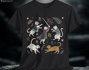 Medieval Cats Fantasy Graphic T-Shirt, Whimsical Renaissance Feline Tee