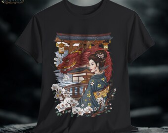 Japanese Woman and Dragon Graphic Tee: Fantasy Art Shirt