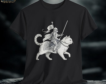 Knight Cat Rider T-Shirt, Minimalist Medieval Fantasy Graphic Tee, Unisex Cotton