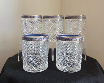 5 Cerve Italian Cut Pressed Crystal Glass Whisky Tumblers - Blue and Gold Greek Key Border