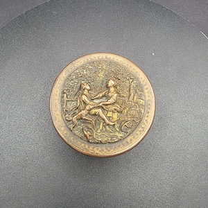 Stunning Brass Copper Metal Lidded Trinket Pot with Figural Courting Couple and Dog