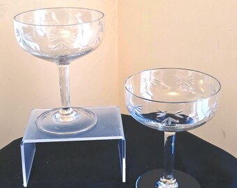 Pair of Etched Floral Glass Champagne Coupes