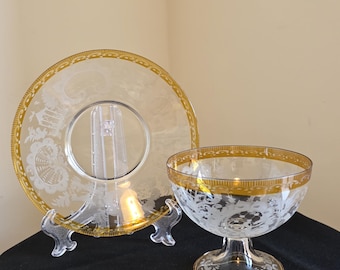 Up to 3 Bohemian Amber Cut Glass Bowl and Plate -  Stag and Bird pattern
