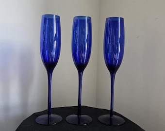 3 Tall Bristol/Cobalt Blue Glass Champagne Flutes