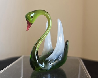 Small Green and White Studio Glass Swan