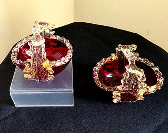 C1950s Antique Murano Ruby Swirled Glass Salts / Baskets with Frilled Edge and Gold Flecks