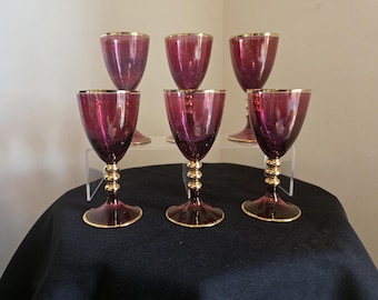 6 Purple and Gilt Glass Sherry / Liqueur Glasses