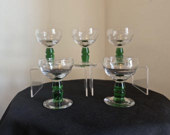 5 Small Green Stemmed Glass Liqueur Glasses