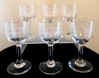 6 Victorian / Edwardian Acid Etched Needled Greek Key Etched Small Wine / Sherry / Liqueur Glasses