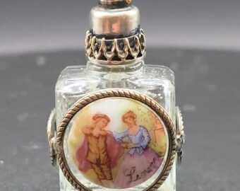 Miniature Limoges Courting Couple Glass Perfume Bottle with Turquoise Jewel to Lid