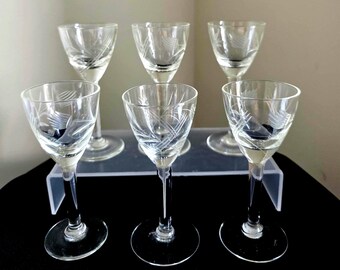 6 Vintage Pedestal Stemmed Liqueur / Sherry / Cordial Glasses with Etched Flower Pattern