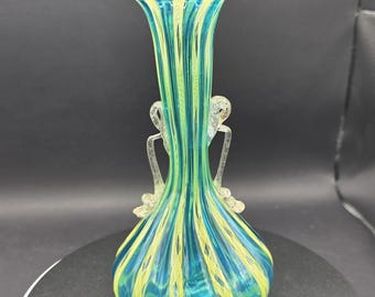 Victorian Venetian (Murano) Turquoise Green/Blue and Yellow Lattice Striped Glass Vase