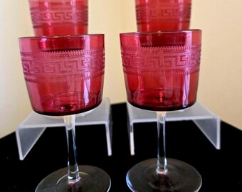 Rare Four Edwardian Victorian Cranberry Glass Greek Key Etched Wine Glasses - very delicate