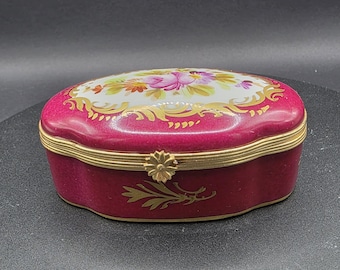 Large Red Limoges Trinket Pot - Gilt and Floral Decoration - DC Diamond backstamp