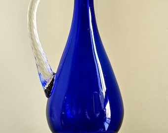 Vintage Large Empoli Cobalt Blue Blown Glass Pedestal Jug with Clear Glass Twisted handle and controlled bubbles pedestal