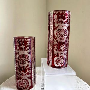 Stunning Pair of Bohemian Ruby to Clear Glass Stag Hunting Scene -  Egermann?
