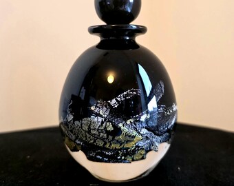 Signed Phoenix Studio Glass Black and Silver Leaf Azurene Perfume bottle
