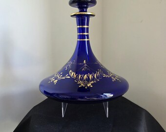 Victorian/Georgian Bristol Blue Gilt Ships Glass Decanter