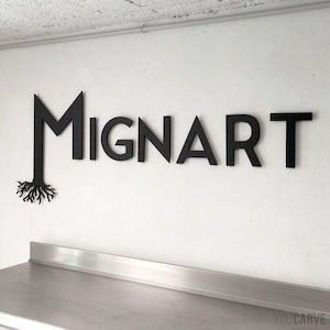 May include: Black wooden sign spelling out "MIGNART" on a white wall. The letter "M" has a root design extending from the bottom. The sign is above a stainless steel surface.