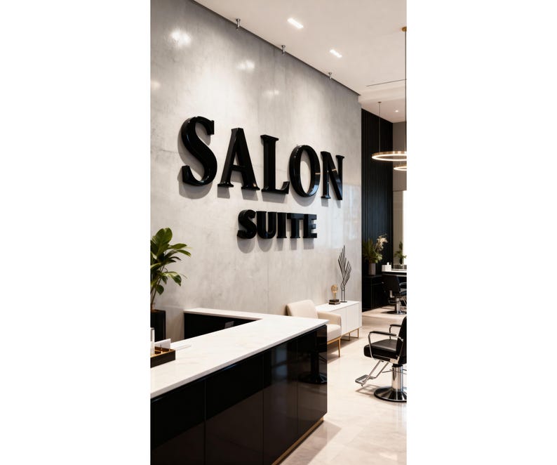 May include: Interior shot of a modern salon. The words "SALON SUITE" are displayed in large, glossy black letters on a textured gray wall. A reception desk with a white countertop and black cabinets is in the foreground. A black salon chair is visible.