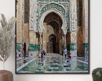 May include: A framed print of an ornate building with an arched doorway. The building features intricate green and white geometric designs. The image has a reflective, wet surface in the foreground, and several people are present.