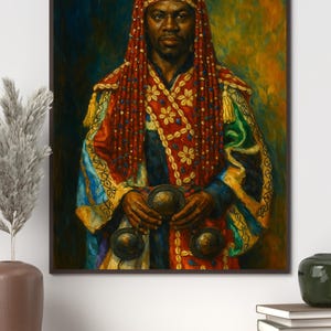 May include: A framed portrait of a person in traditional attire. The person wears a red headdress and robe with gold floral patterns. The person holds three bronze-colored objects. The background has a mix of blue, yellow, and green hues.
