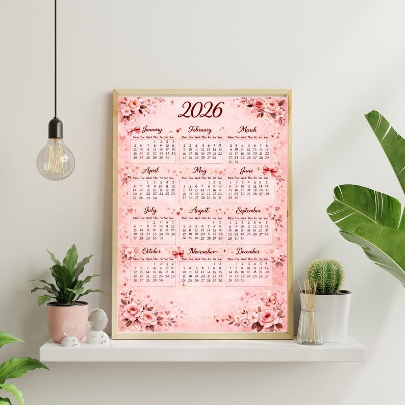 2026 Floral Calendar | Pink Rose Printable (digital Download) - Etsy