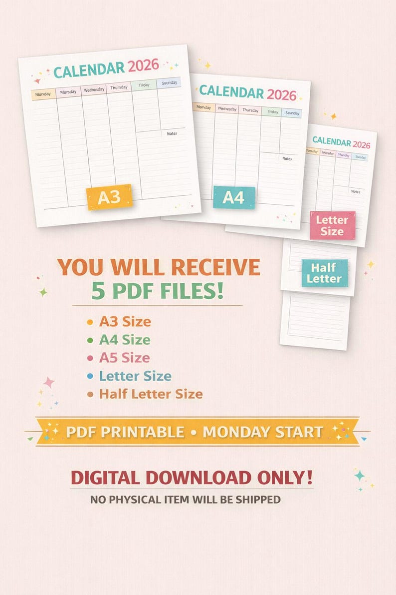 Calendar 2026 – Monday Start | Printable PDF | A3 A4 A5 US Letter Half ...