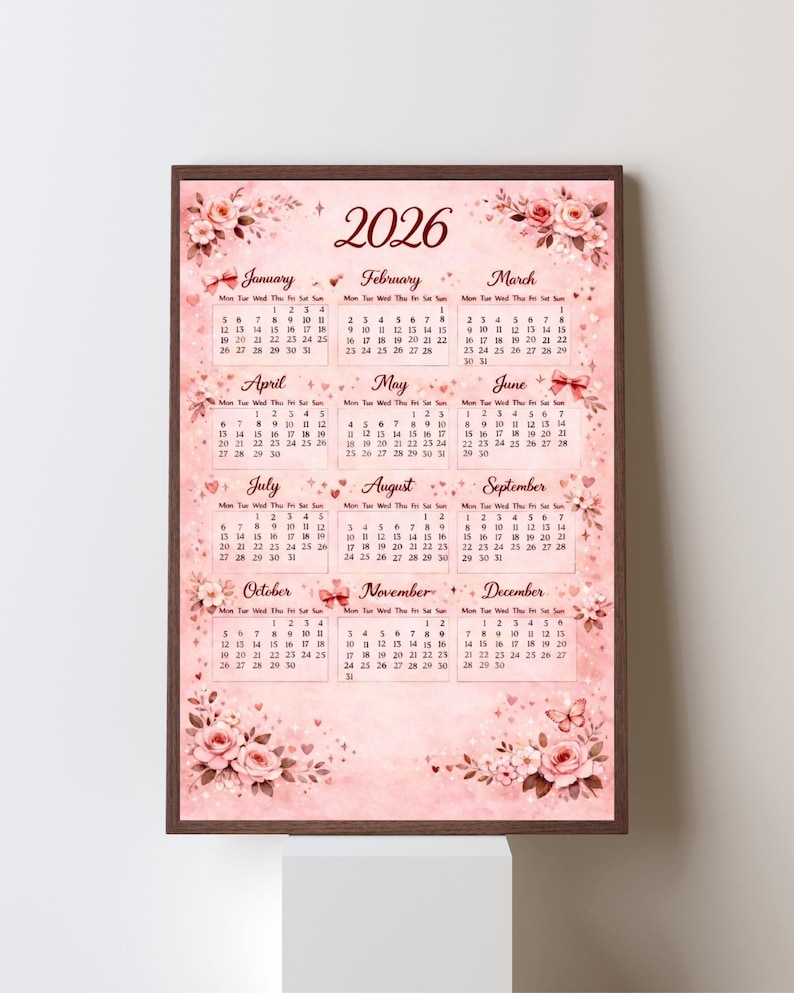 2026 Floral Calendar | Pink Rose Printable (digital Download) - Etsy