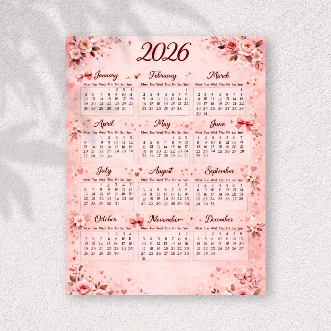 2026 Floral Calendar | Pink Rose Printable (digital Download) - Etsy