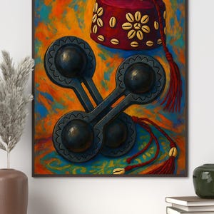 Gnawa Music Art Print: Moroccan Qraqeb & Hat Illustration (Digital Download