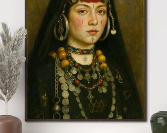 Impresión de retrato de mujer bereber: joyería amazigh, tatuaje tradicional (descarga digital)