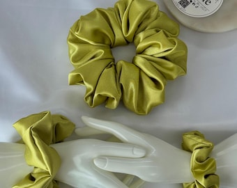 Lime Green Satin Scrunchie: Glossy Hair Tie, Soft Ponytail Holder