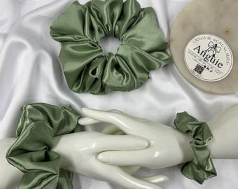 Olive Green Satin Scrunchie, Elegant hair tie for woman, Gift for her
