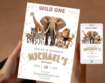 May include: A birthday invitation with a safari theme. The invitation features illustrations of various animals, including a giraffe, elephant, lion, and zebra. The text reads "WILD ONE" and details for Michael's birthday.