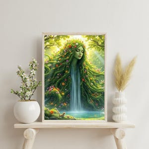 Mother Earth Goddess with waterfall Print,Gaia Green Goddess,Forest Goddess Art,Athena Digital,Flat,Gaia Goddess Art,Mother Nature Wall Art