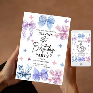 Editable Colorful Knot Ribbon 12th Birthday party invitation,12th Birthday Party Invites Girl,Coquette Bow 12th Birthday,12th Birthday Bow