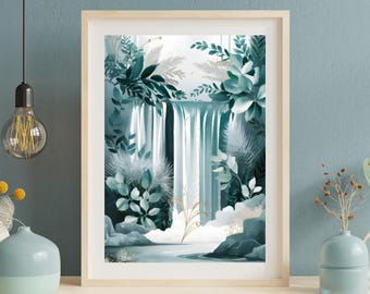 Blue Enchanted Waterfall boho wall art,Mystical Forest,Enchanted Forest Canvas Art,Wall Art Fantasy Canvas,Mystical Landscape,Magic Forest