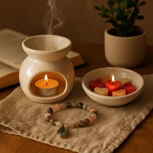 Heart Wax Melt Burner Set - Ceramic Oil Burner with 20 Soy Wax Hearts - Aromatherapy Gift, Romantic Home Decor, Cozy Spiritual Wax Gift