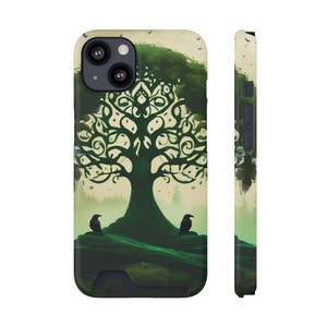 Telefoonhoesje met kaarthouder - ontwerp betoverde boom, cadeau natuurliefhebber, milieuvriendelijk accessoire, perfect voor dagelijks gebruik, esthetiek van het bos
