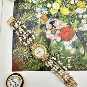 Vintage Women’s Watch with Faux Pearl Multi-Strand Bracelet, Mother of Pearl Dial, Ornate Beaded Case, Elegant Gift for Her