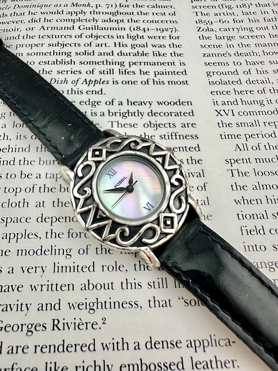 Vintage Fossilien Uhr mit Perlmutt-Zifferblatt, schwarzem