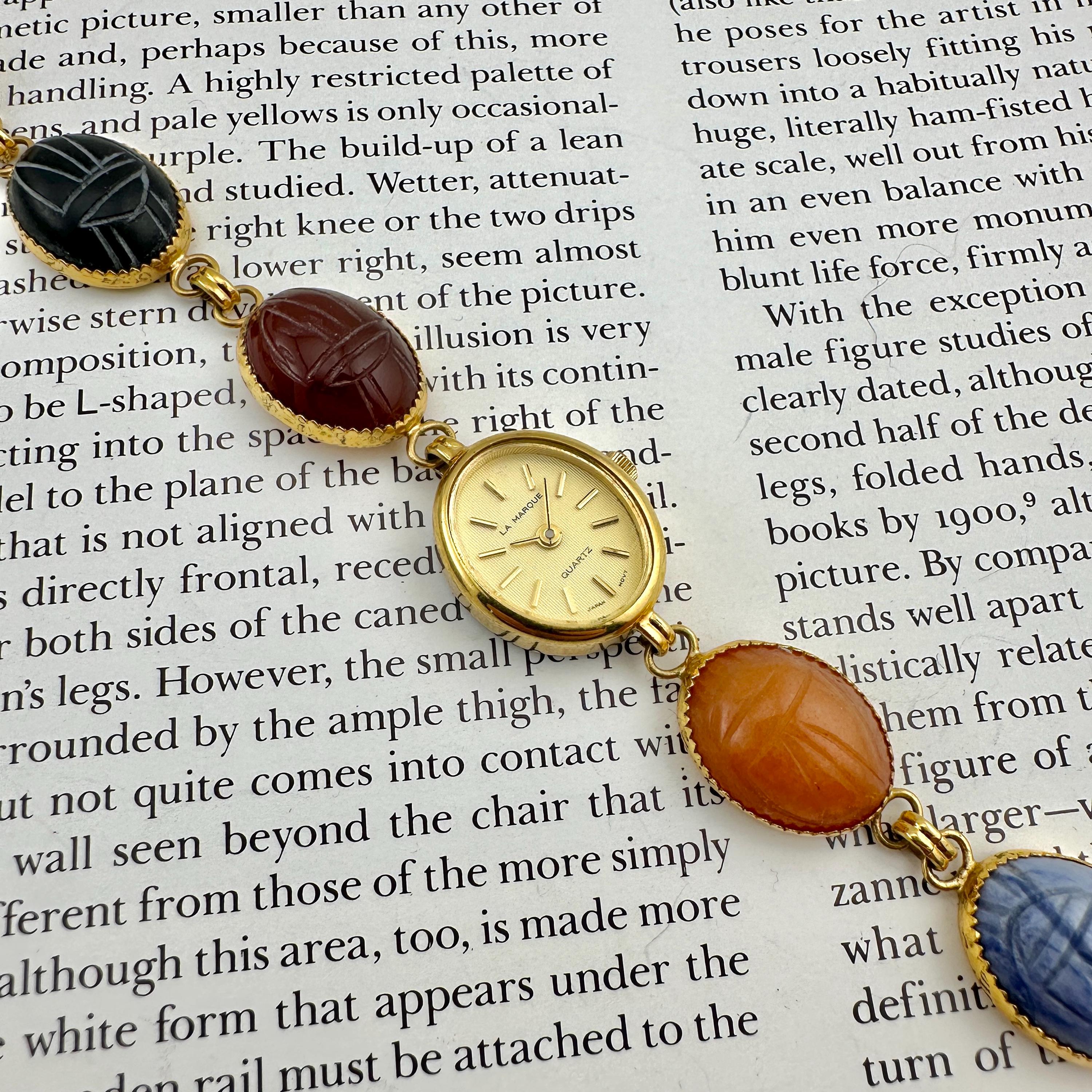 Vintage La Marque Scarab Link Bracelet Watch - Gold Tone Vintage La Marque Watch Womans Gold Tone Egyptian Scarab New  main image 3