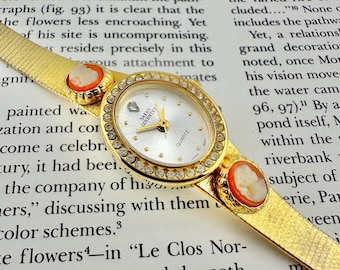 Vintage Women’s CameoWatch with Gold Tone Band, Rhinestone Bezel, Vintage 90s Dress Style, Working Well, Max wrist size of 7.5”