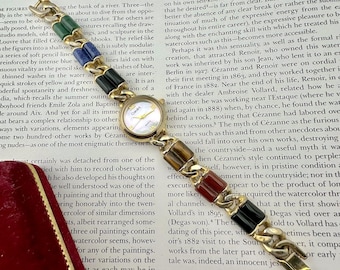 Vintage Gold Women’s Watch with Mother of Pearl Dial, Multicolor Gemstone Bracelet, 90s Quartz Jewelry Watch, Gift for Her